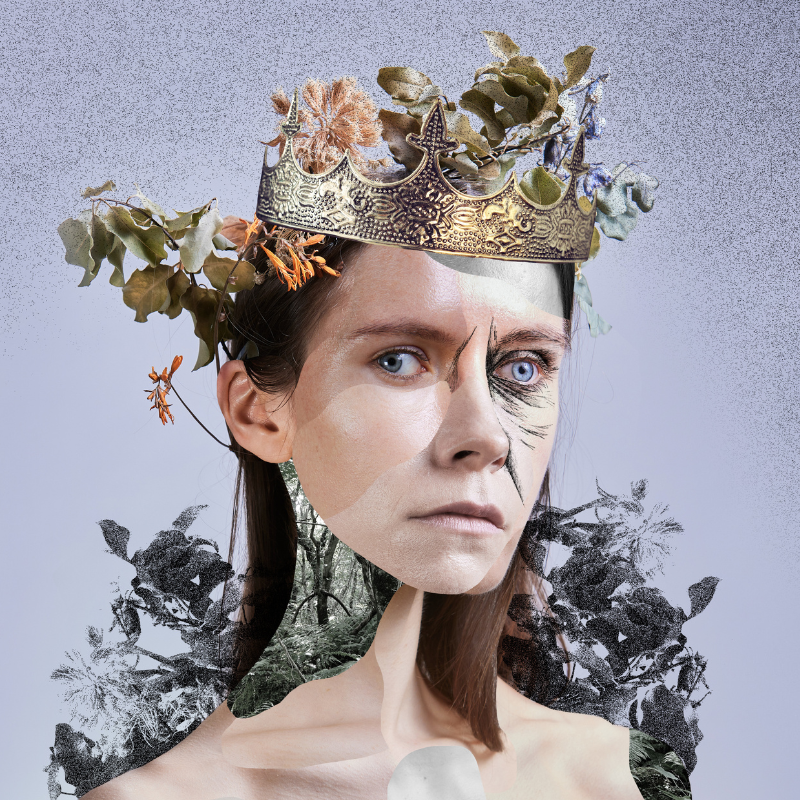 A collage of images makes up a figure of a woman with a crown on her head and shrubbery surrounding her.