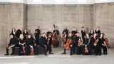 A group photo of the Academy of St Martin in the Fields orchestra standing in concert black and holding their instruments
