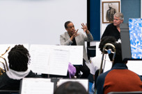 Stanley Clarke speaks with students
