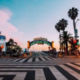 Photo of the Santa Monica pier entrance arch sign.